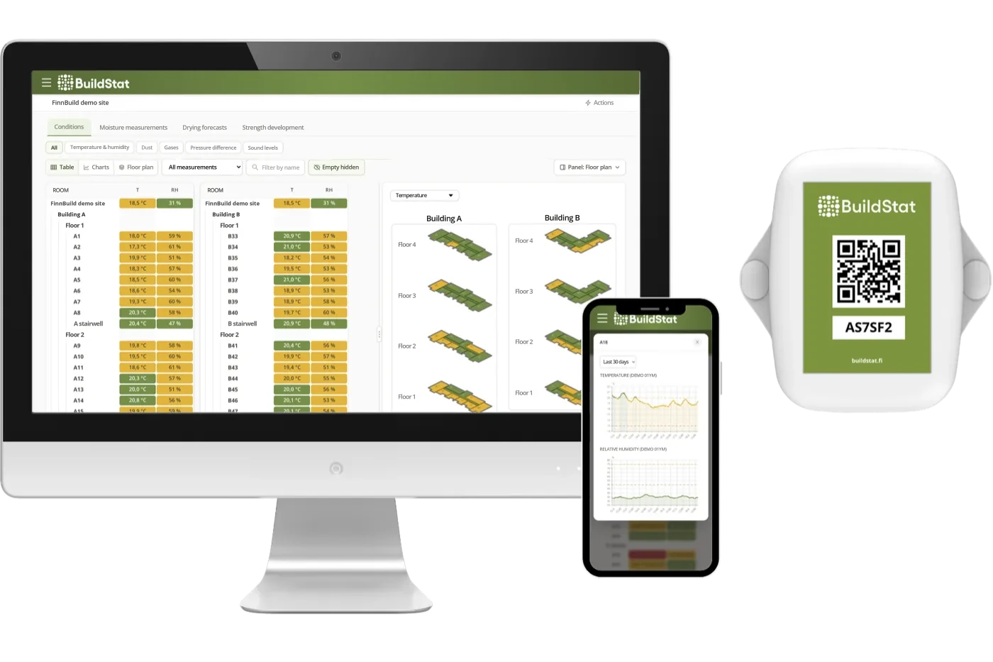 The BuildStat software for computers and mobile phones, and the BuildStat sensor
