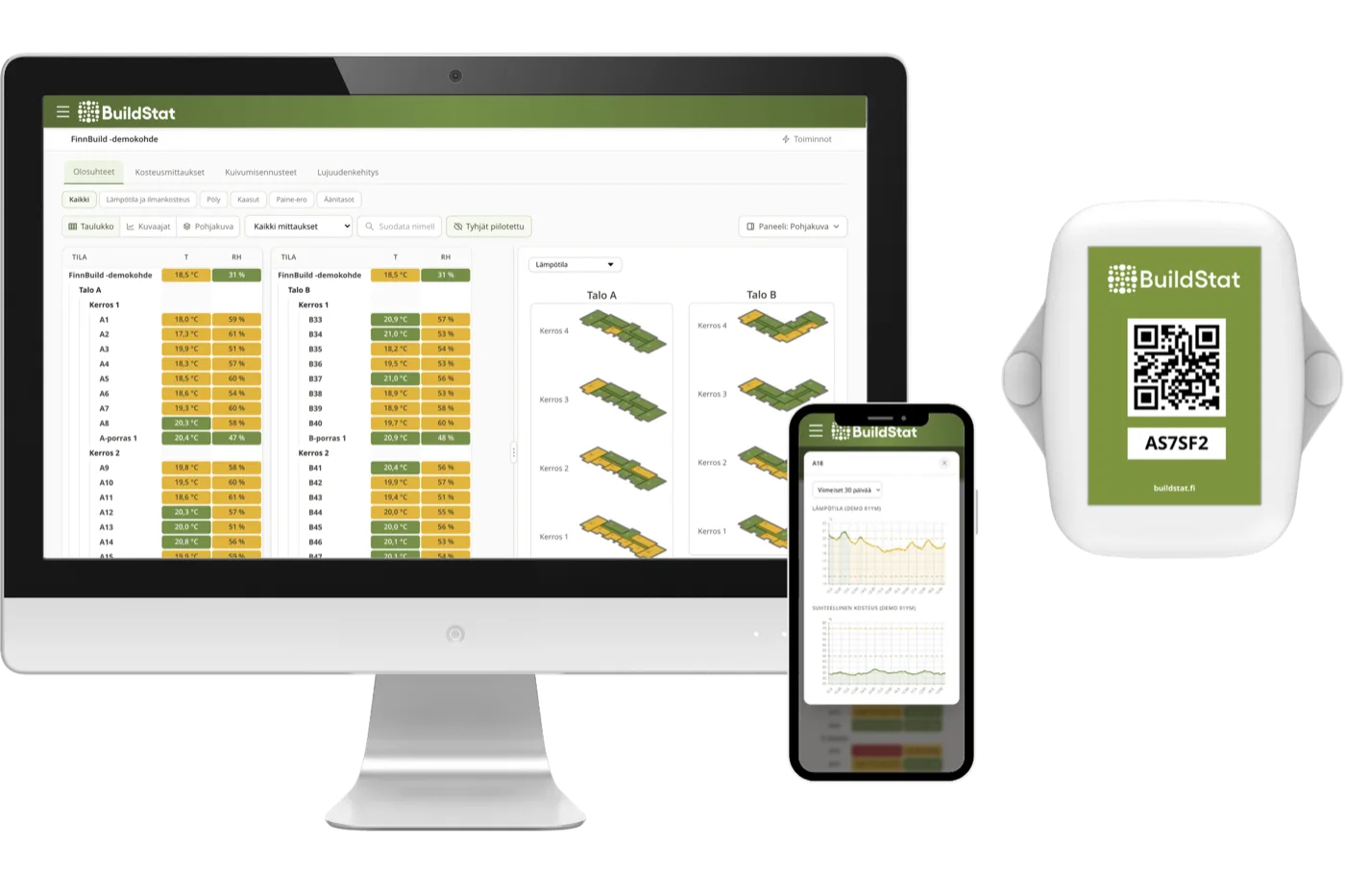 BuildStat-ohjelmisto tietokoneella ja puhelimessa sekä BuildStat-sensori